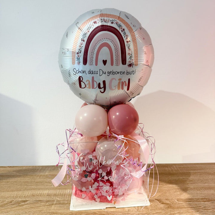 Personalisierte Ballonbox zur Geburt eines Mädchens mit Baby Girl Ballon