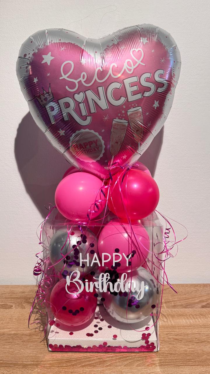 Pink silberne Ballonbox zum Geburtstag für Freundin mit Secco Princess Herzballon
