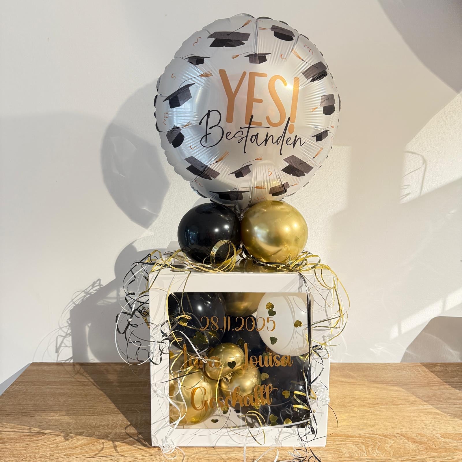 Personalisierte Ballonbox zur bestandenen Prüfung mit dekoriertem Ballon – Geschenkbox für Abitur, Examen, Ausbildung oder Studium