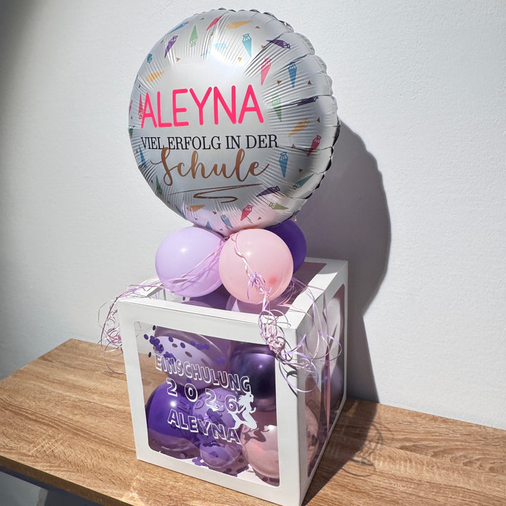 Personalisierte Ballonbox zum Schulanfang für Mädchen in Rosa und Lila