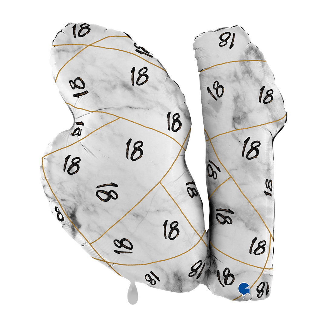 Rückseite des Marmor-Zahlenballons 18 mit vielen kleinen schwarzen 18-Zahlen und goldenen Linien