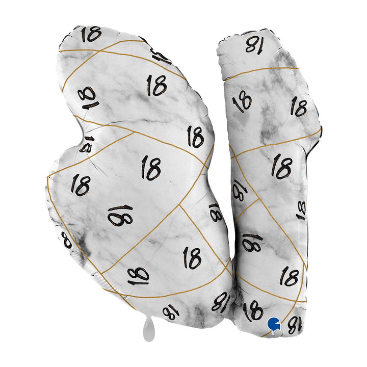 Rückseite des Marmor-Zahlenballons 18 mit vielen kleinen schwarzen 18-Zahlen und goldenen Linien
