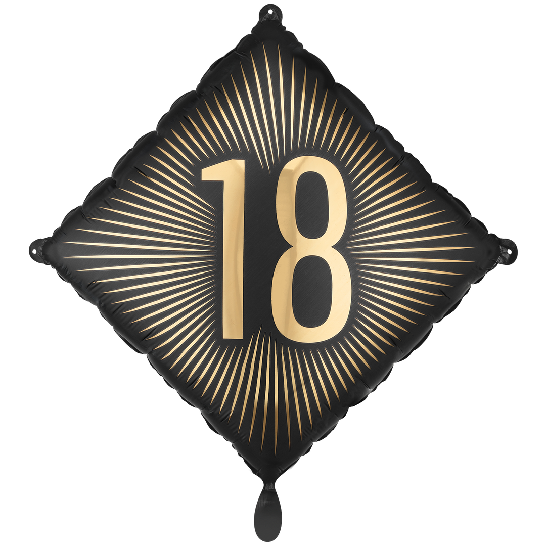 Schwarzer rautenförmiger Folienballon mit goldener Zahl 18 und goldenen Strahlen, 46 cm