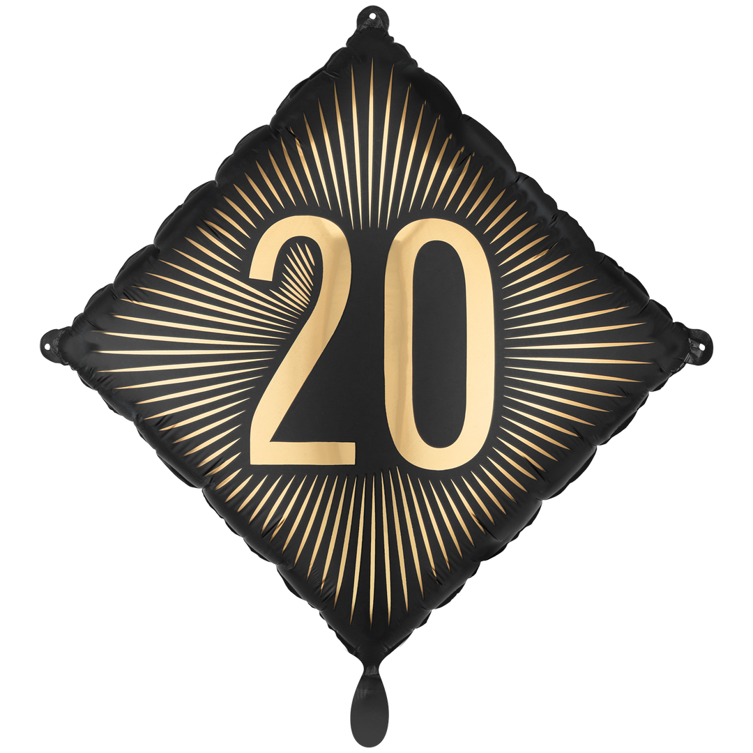 Schwarzer rautenförmiger Folienballon mit goldener Zahl 20 und goldenen Strahlen, 46 cm