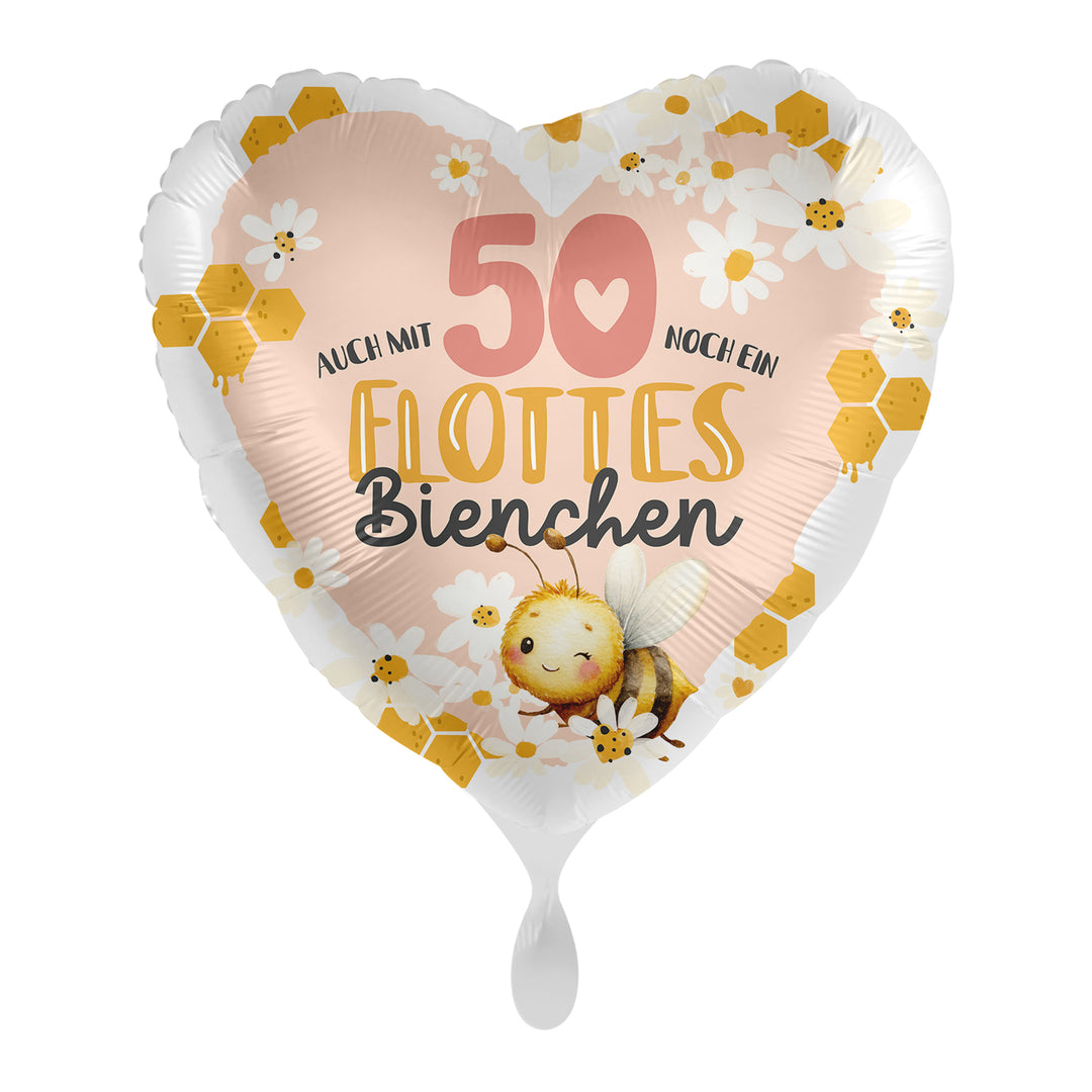 Herzförmiger Folienballon zum 50. Geburtstag Flottes Bienchen mit Biene und Gänseblümchen, 43 cm