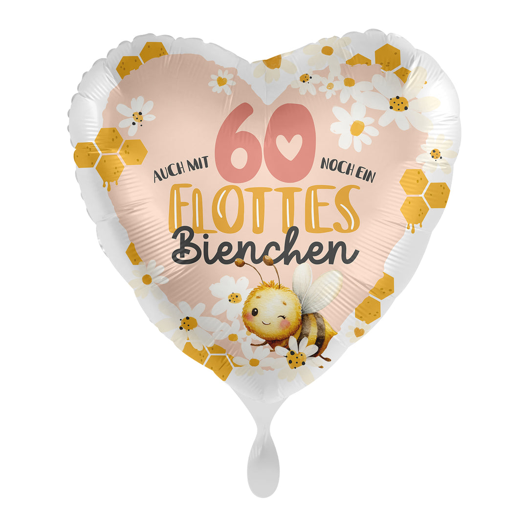 Herzförmiger Folienballon zum 60. Geburtstag Flottes Bienchen mit Biene und Gänseblümchen, 43 cm