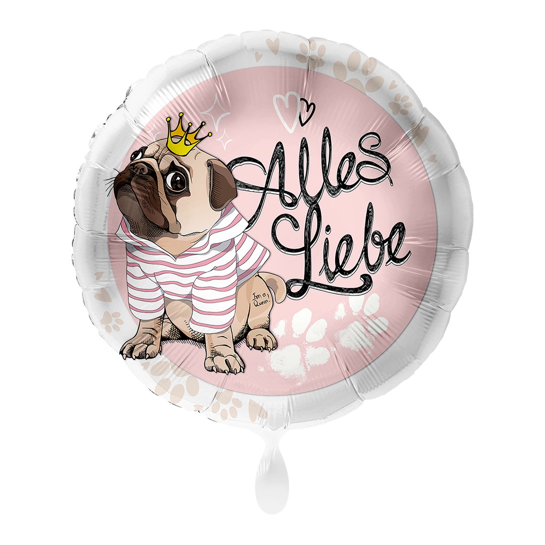 Runder Folienballon Alles Liebe mit niedlichem Hund in Rosa, Weiß und Schwarz
