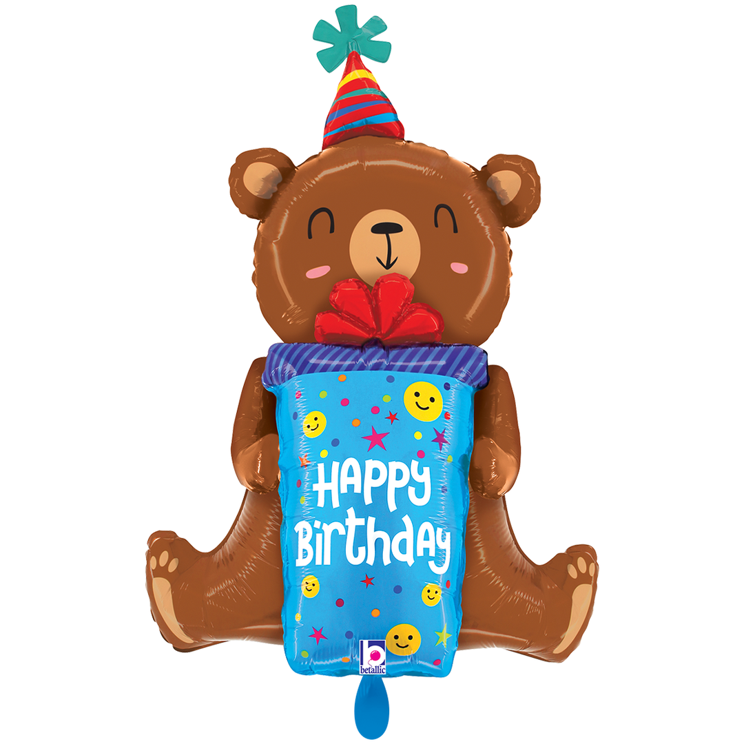 Folienballon Teddybär mit Partyhut und Geschenk mit Aufschrift Happy Birthday, 56 × 82 cm