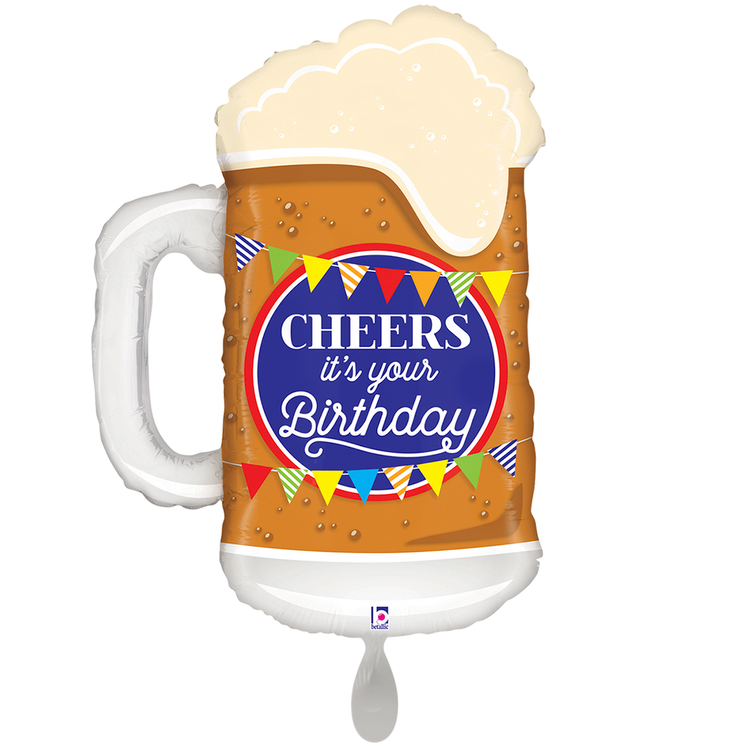 Folienballon in Form eines Bierkrugs mit Schaumkrone und Aufschrift „Cheers – It’s your Birthday“, 51 × 74 cm