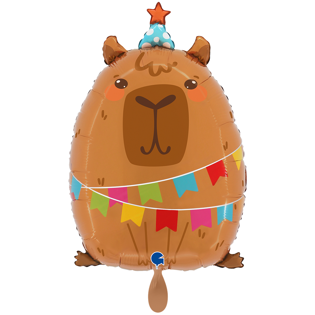 Folienballon Capybara mit Partyhut und bunter Wimpelkette, 36 × 56 cm