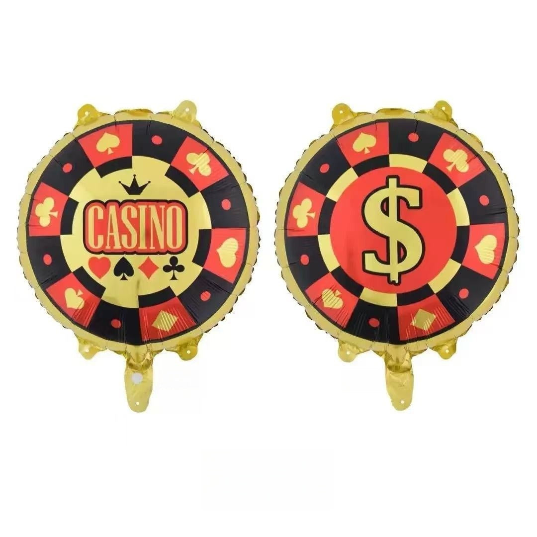 Runder Folienballon im Casino-Chip-Design mit CASINO-Schriftzug und Dollarzeichen in Schwarz, Rot und Gold, 45 cm