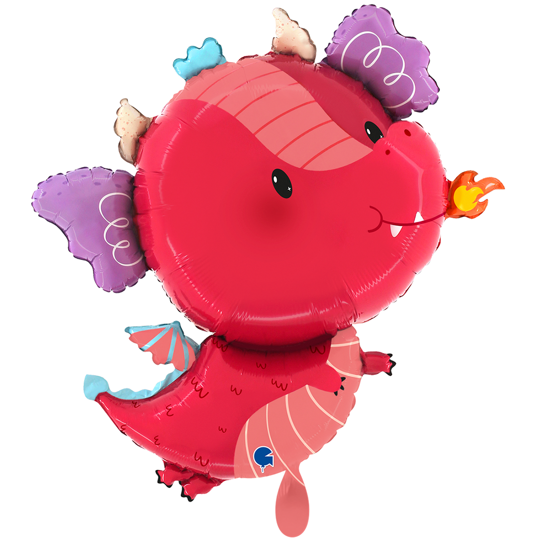 Folienballon kleiner roter Drache mit lila Flügeln und Flamme, 63 × 72 cm