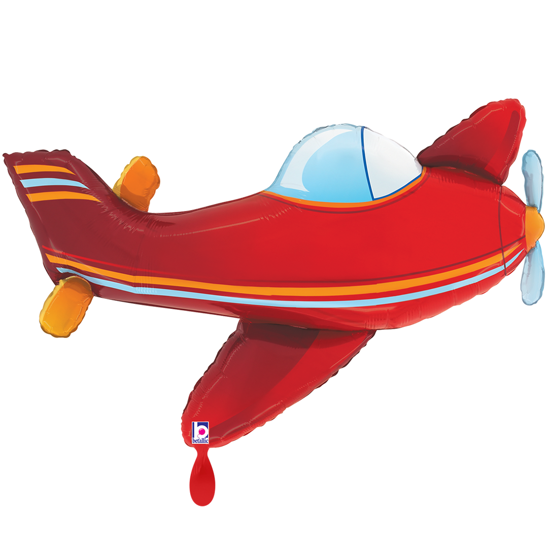 Folienballon rotes Propellerflugzeug mit hellblauem Cockpit und orangen Streifen, XXL 88 × 56 cm, zum Kindergeburtstag