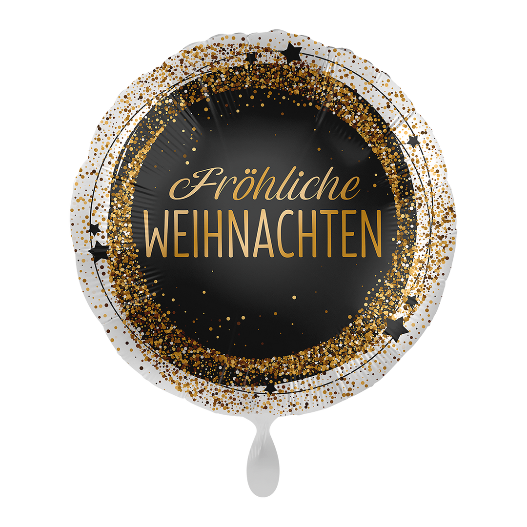 Runder Folienballon „Fröhliche Weihnachten“ in Schwarz-Gold mit Glitzerkonfetti und Sternen, 43 cm