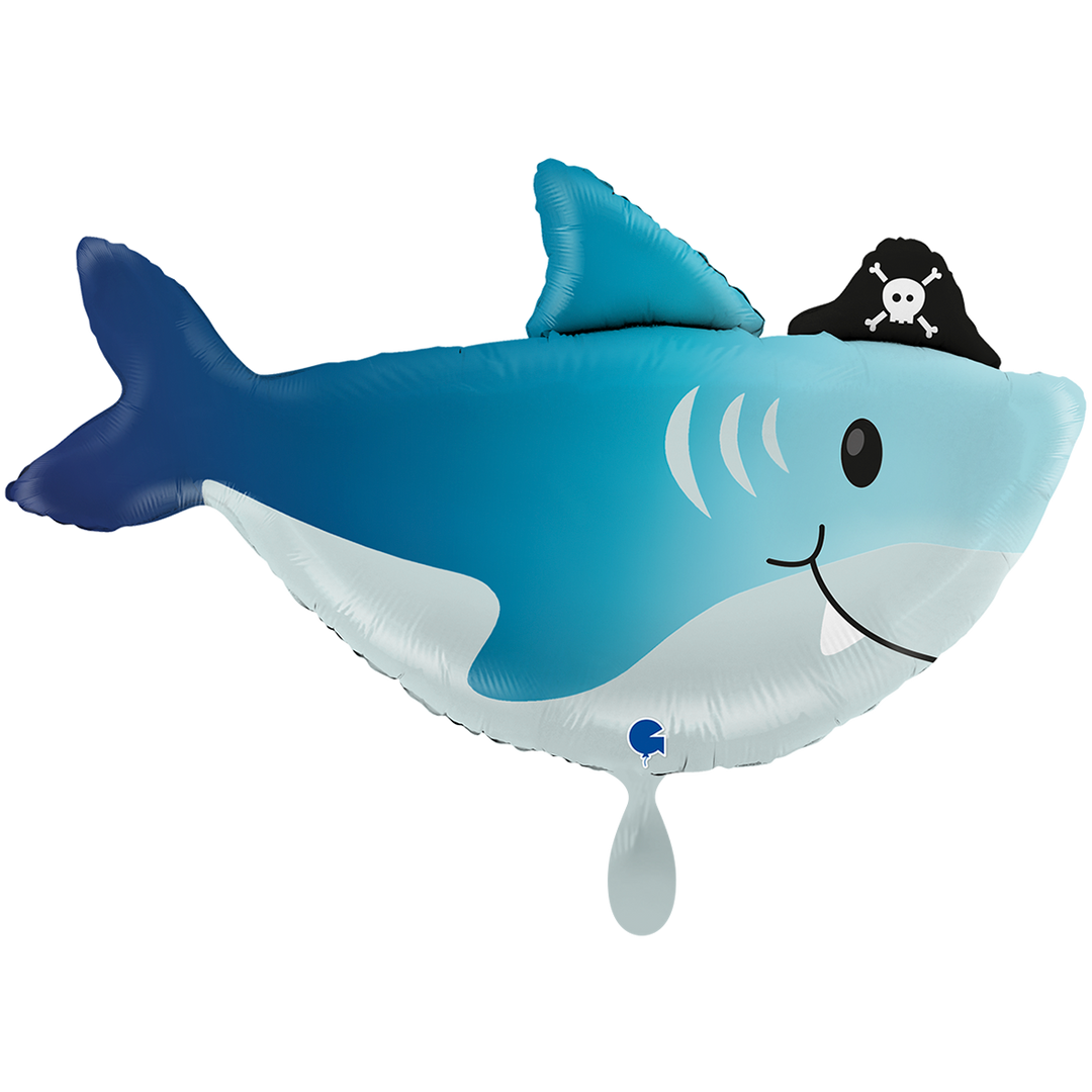 Folienballon Hai mit schwarzem Piratenhut, blau-weiß, lächelnd, XXL 74 × 42 cm, zum Kindergeburtstag