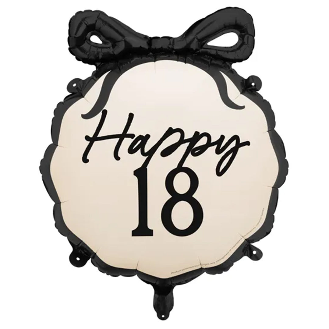 Cremefarbener Folienballon mit welligem schwarzem Rand, schwarzer Schleife und Aufdruck „Happy 18“, 45 cm