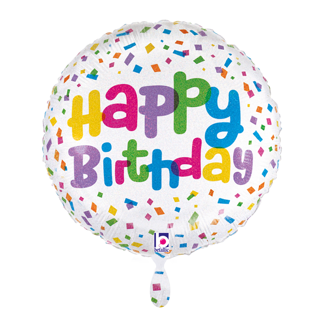 Runder Folienballon Happy Birthday mit buntem Konfetti-Design, 45 cm