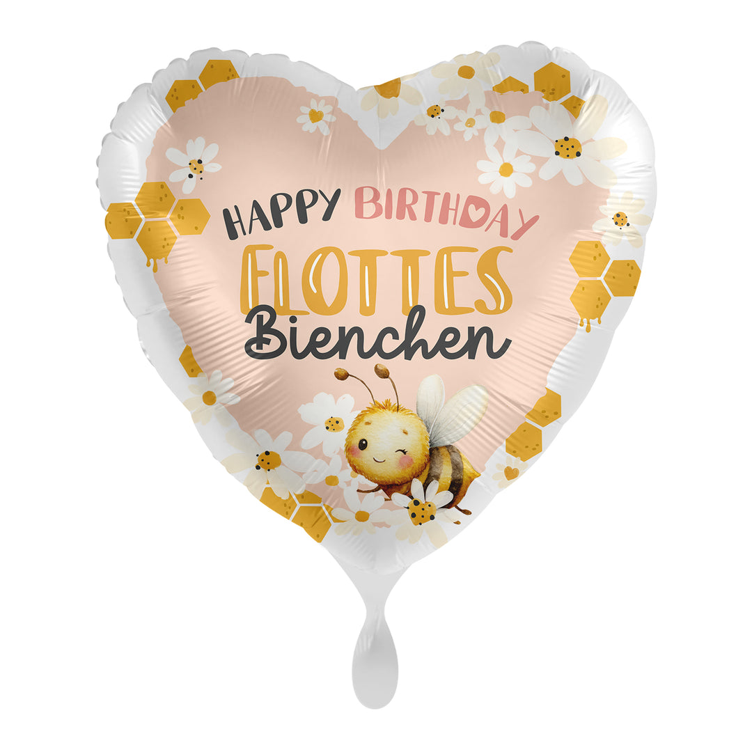 Herzförmiger Folienballon Happy Birthday Flottes Bienchen mit Biene, Gänseblümchen und goldenen Waben, 43 cm