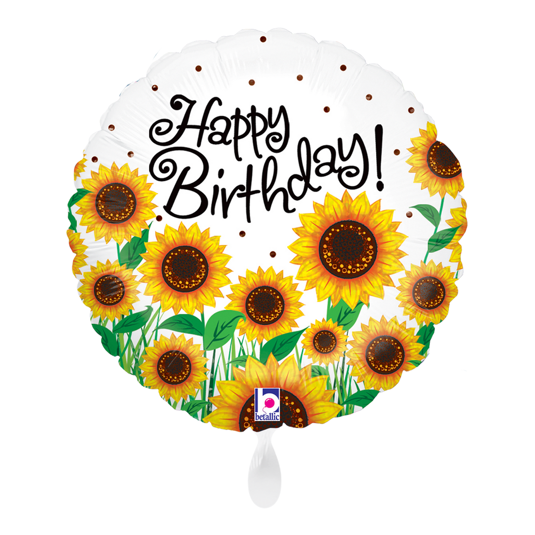 Runder Folienballon „Happy Birthday“ mit gelben Sonnenblumen, 45 cm