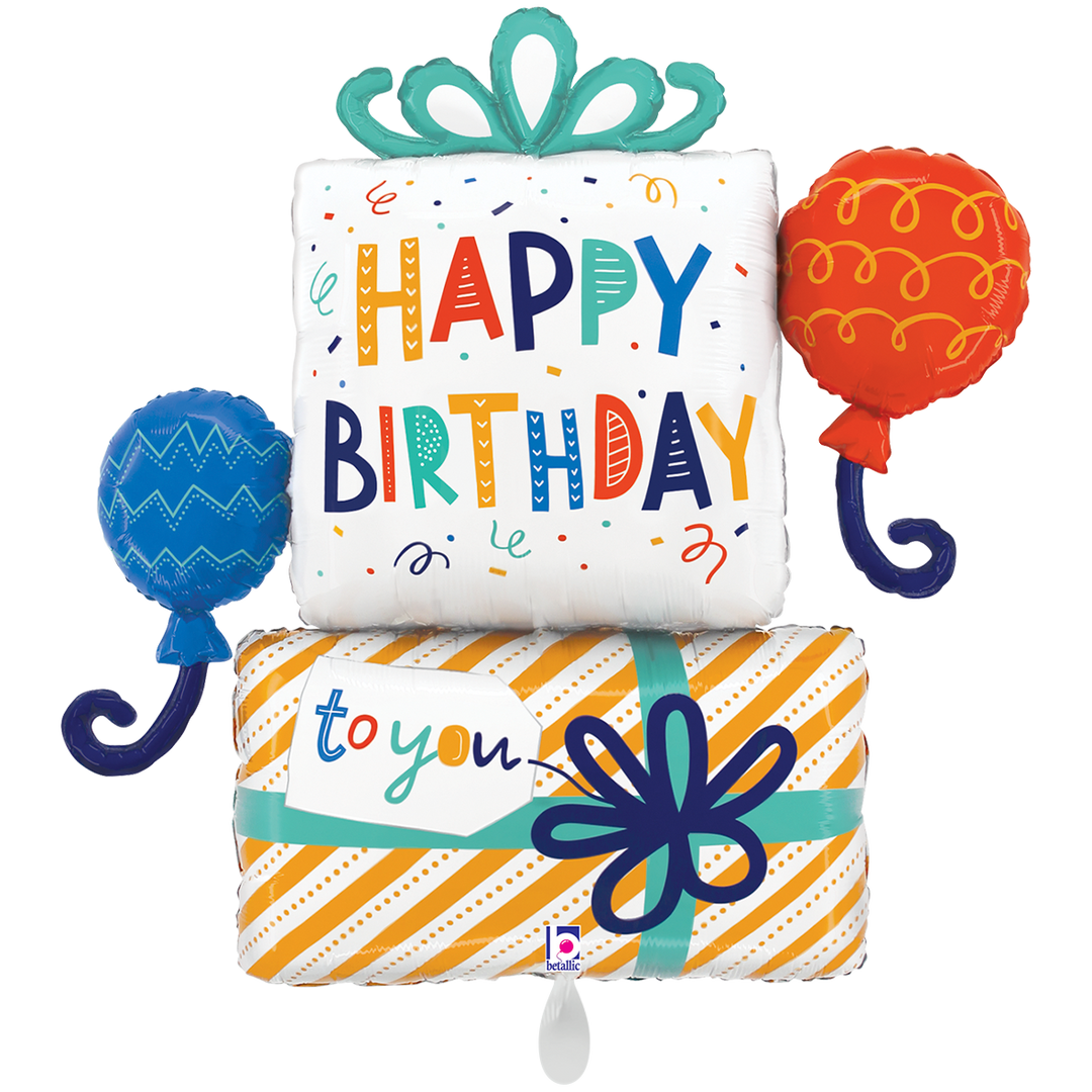 XXL Folienballon in Form eines bunten Geschenke-Turms mit Luftballons und Aufschrift „Happy Birthday to you“