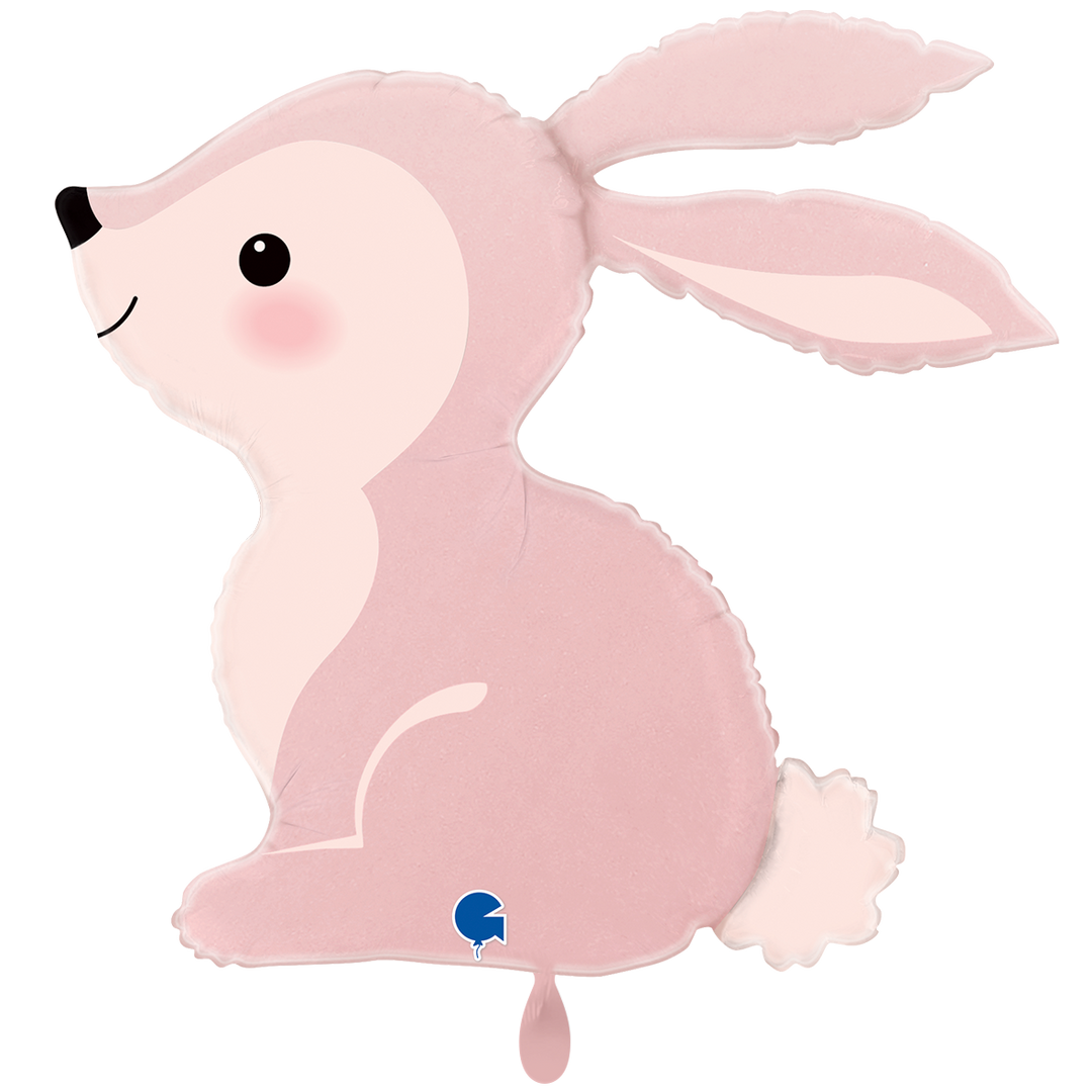 Folienballon sitzender rosa Hase im Profil mit langen Ohren und weißem Puschelschwanz, XXL