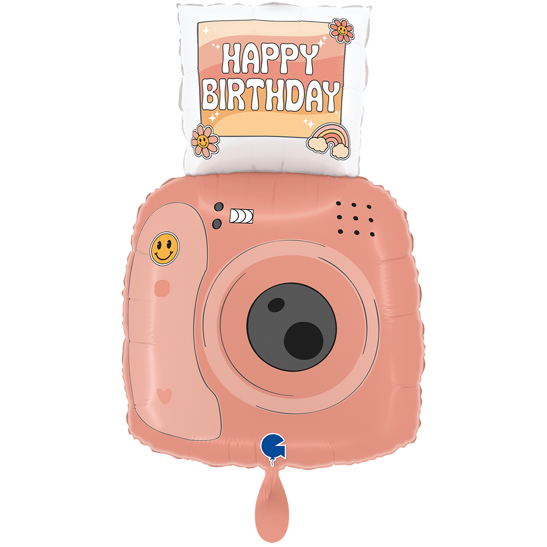 Folienballon rosa Sofortbildkamera mit Smiley und Happy Birthday Schriftzug, 37 × 58 cm