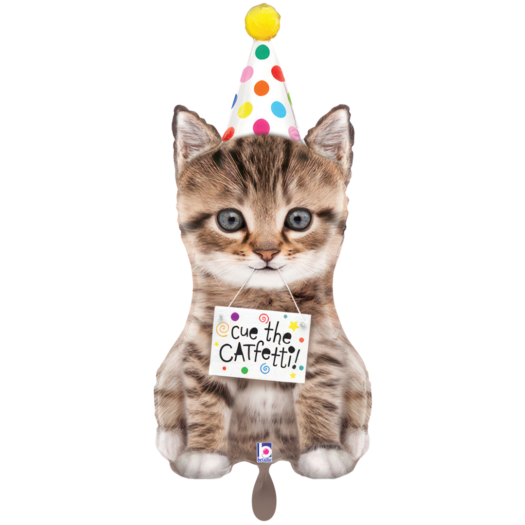 Folienballon getigerte Katze mit buntem Partyhut und Schild „Cue the CATfetti!“, XXL 91 cm, zum Geburtstag