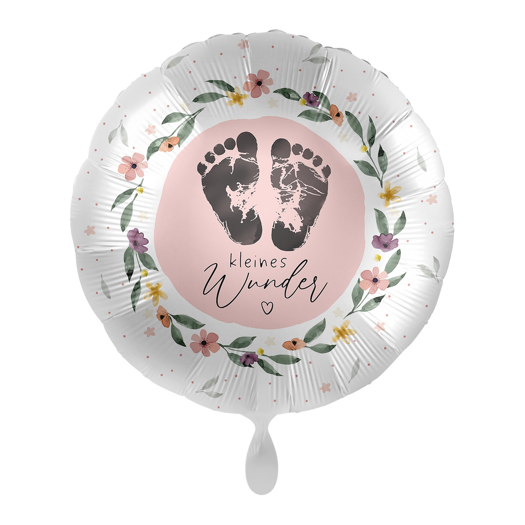Runder Folienballon „kleines Wunder“ mit Babyfüßen auf rosa Kreis und Blumenkranz, 43 cm, zur Geburt