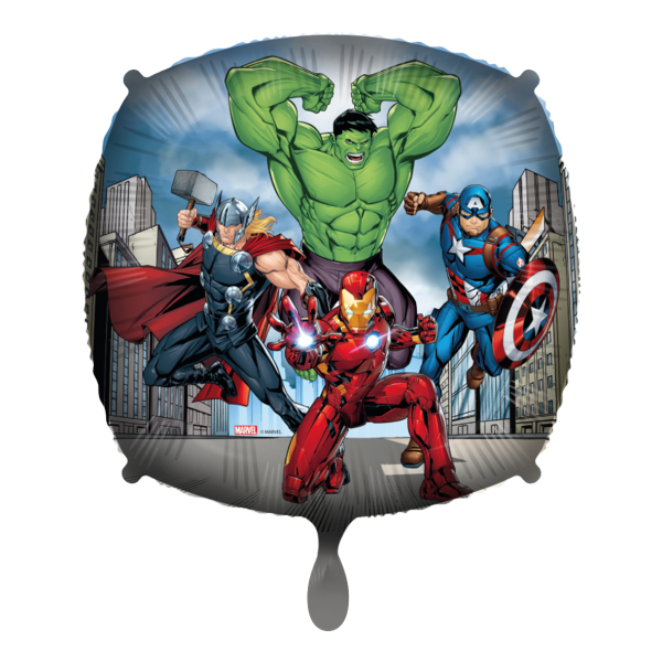Quadratischer Folienballon Marvel Avengers mit Hulk, Thor, Iron Man und Captain America in der Stadt, 46 cm