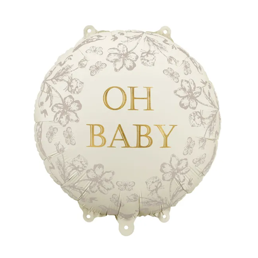 Runder Folienballon „Oh Baby“ in Creme mit goldener Schrift und graubeigem Blumenkranz, 35 cm, zur Babyparty