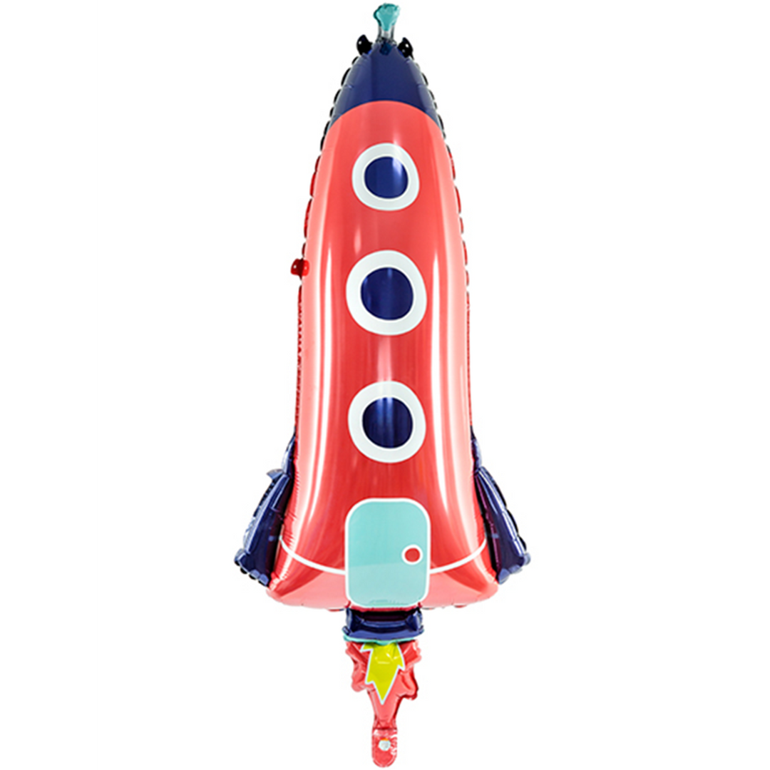 Folienballon Rakete in Rot und Dunkelblau mit drei Bullaugen und Feuerstrahl, XXL 115 cm, zum Kindergeburtstag