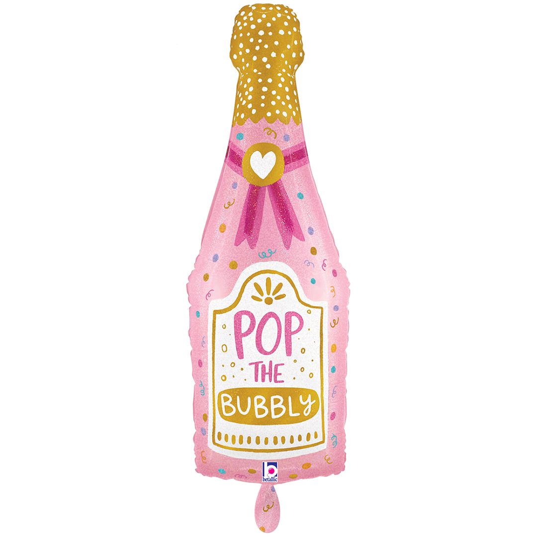XXL Folienballon rosa Sektflasche mit goldenen Punkten und Schriftzug Pop the Bubbly, 94 cm