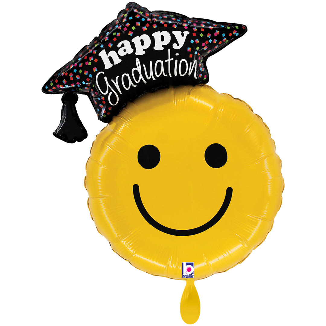 Folienballon gelber Smiley mit schwarzem Doktorhut und Aufschrift „Happy Graduation“, XXL 56 × 66 cm, zum Abschluss