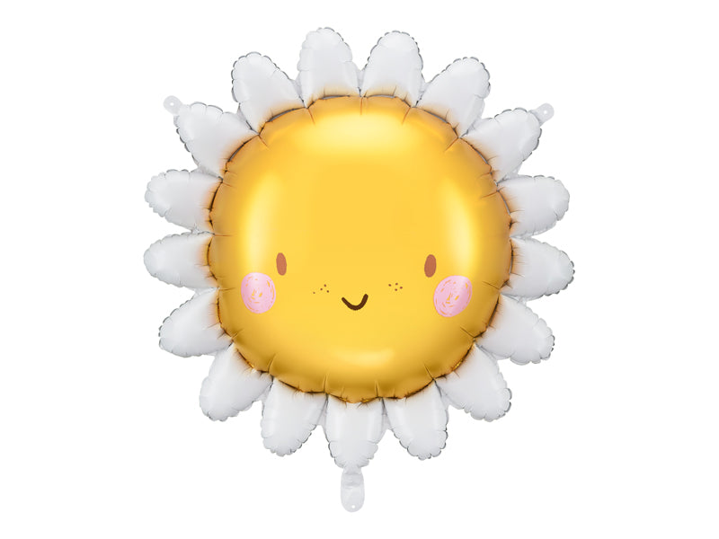 Folienballon gelbe Sonne mit lachendem Gesicht und weißen Blütenblättern, ca. 70 cm, zum Kindergeburtstag