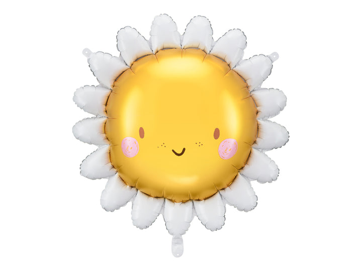 Folienballon gelbe Sonne mit lachendem Gesicht und weißen Blütenblättern, ca. 70 cm, zum Kindergeburtstag