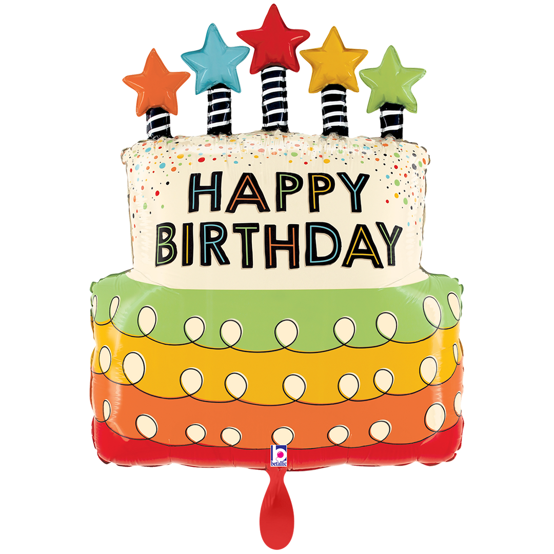 Bunter Folienballon Geburtstagstorte mit Sternkerzen und Schriftzug Happy Birthday, 48 × 61 cm