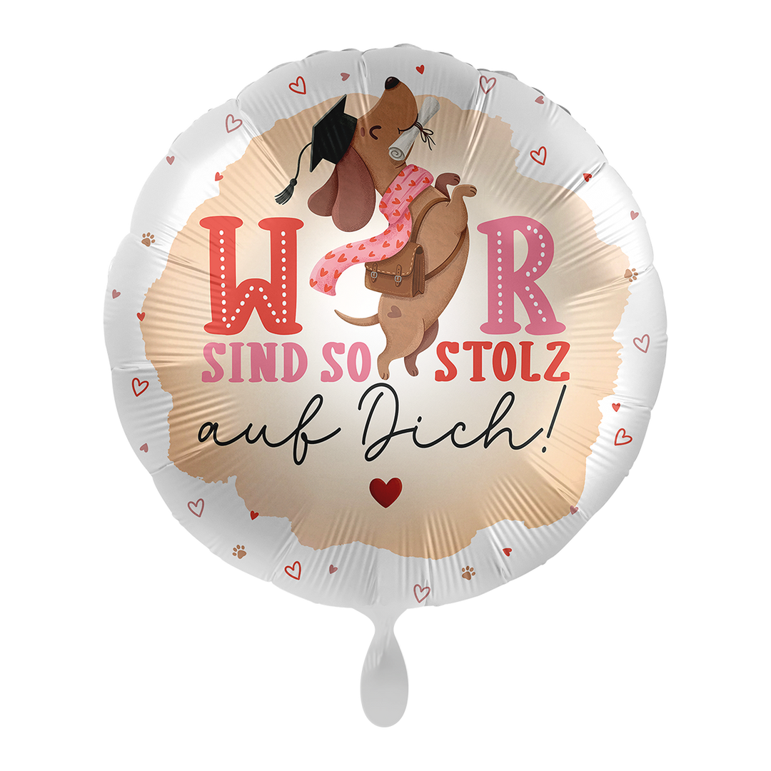 Runder Folienballon „Wir sind so stolz auf Dich!“ mit Dackel, Doktorhut und Zeugnisrolle, 43 cm, zum Abschluss