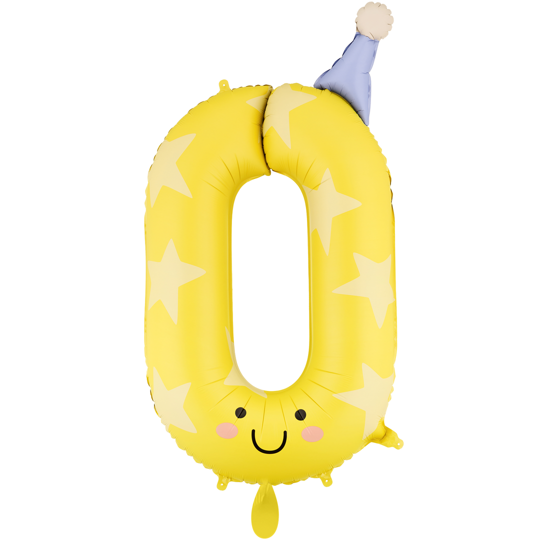 Gelber Zahlenballon 0 mit hellen Sternen, lachendem Gesicht und fliederfarbenem Partyhut, 86 cm