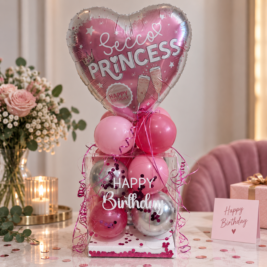 Secco Princess Ballonbox in Pink und Silber als Geschenk zum Geburtstag für Freundin oder beste Freundin