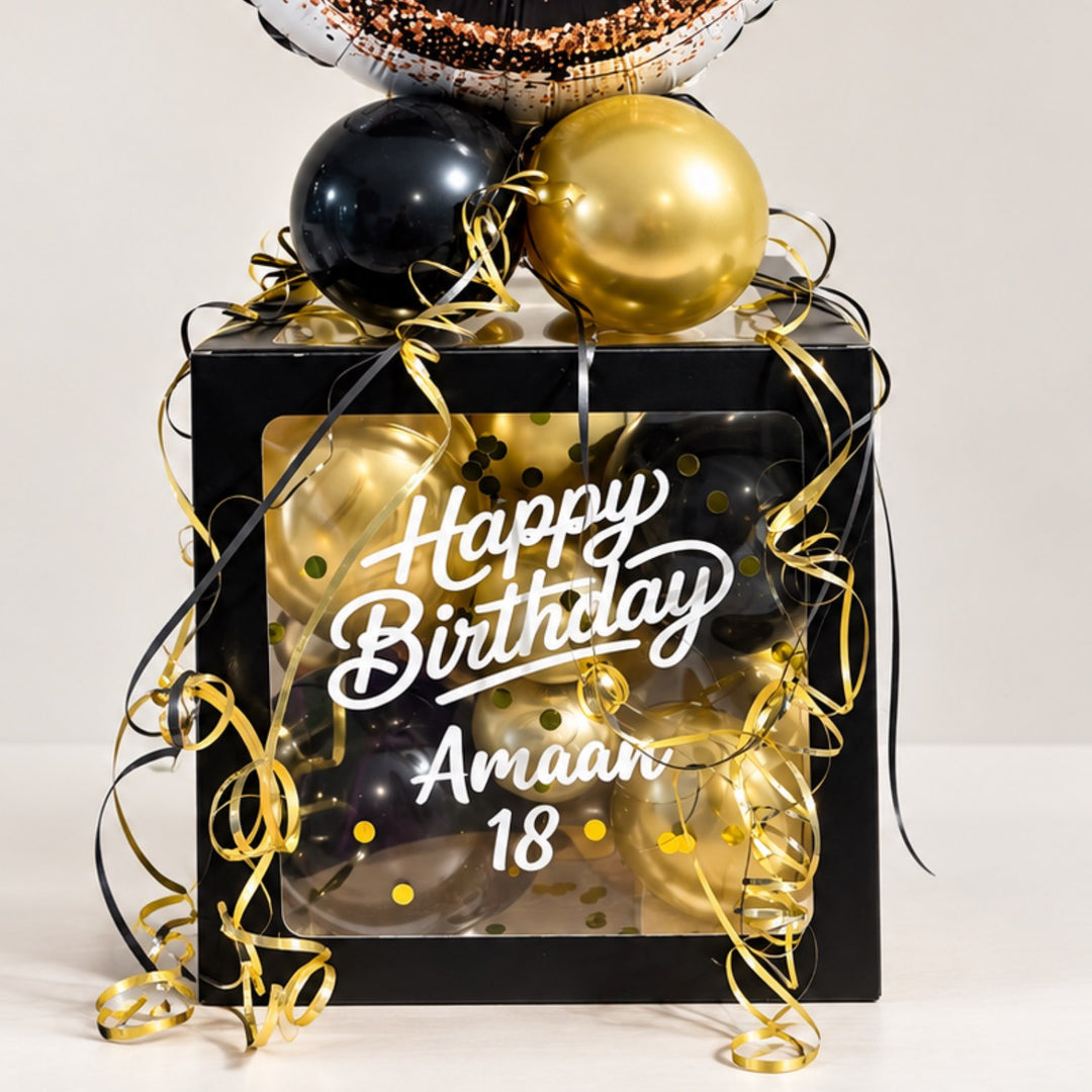 DIY Ballonbox zum 18. Geburtstag in Schwarz Gold als personalisierte Geschenkidee zum Selbermachen