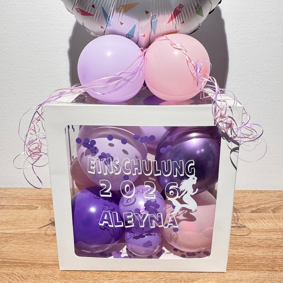 Geschenk zur Einschulung für Mädchen mit personalisierter Ballonbox und Name