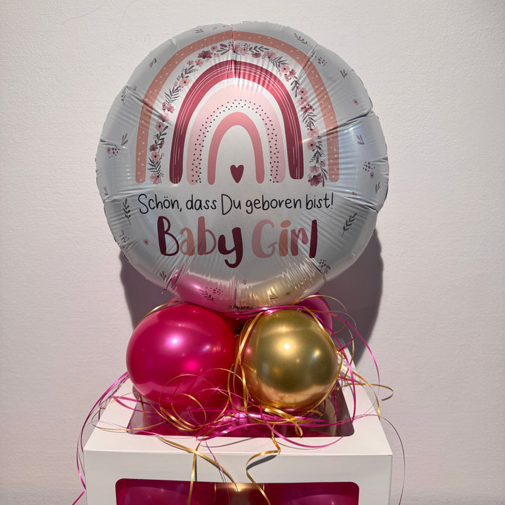 Personalisierte Baby Girl Ballonbox in Pink und Gold als Geschenk zur Geburt