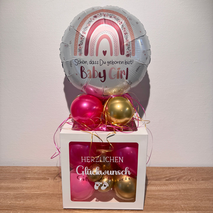 Personalisierte Ballonbox zur Geburt eines Mädchens mit Baby Girl Ballon in Pink und Gold