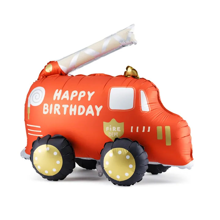 Stehender Folienballon rotes Feuerwehrauto mit Leiter und Happy Birthday Schriftzug, 76 cm