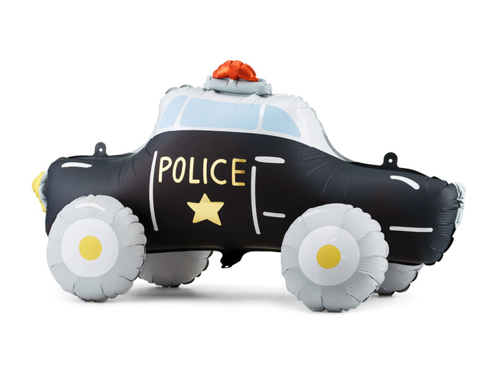 Stehender Folienballon schwarz-weißes Polizeiauto mit gelbem Stern und rotem Blinklicht, 90 × 41 cm