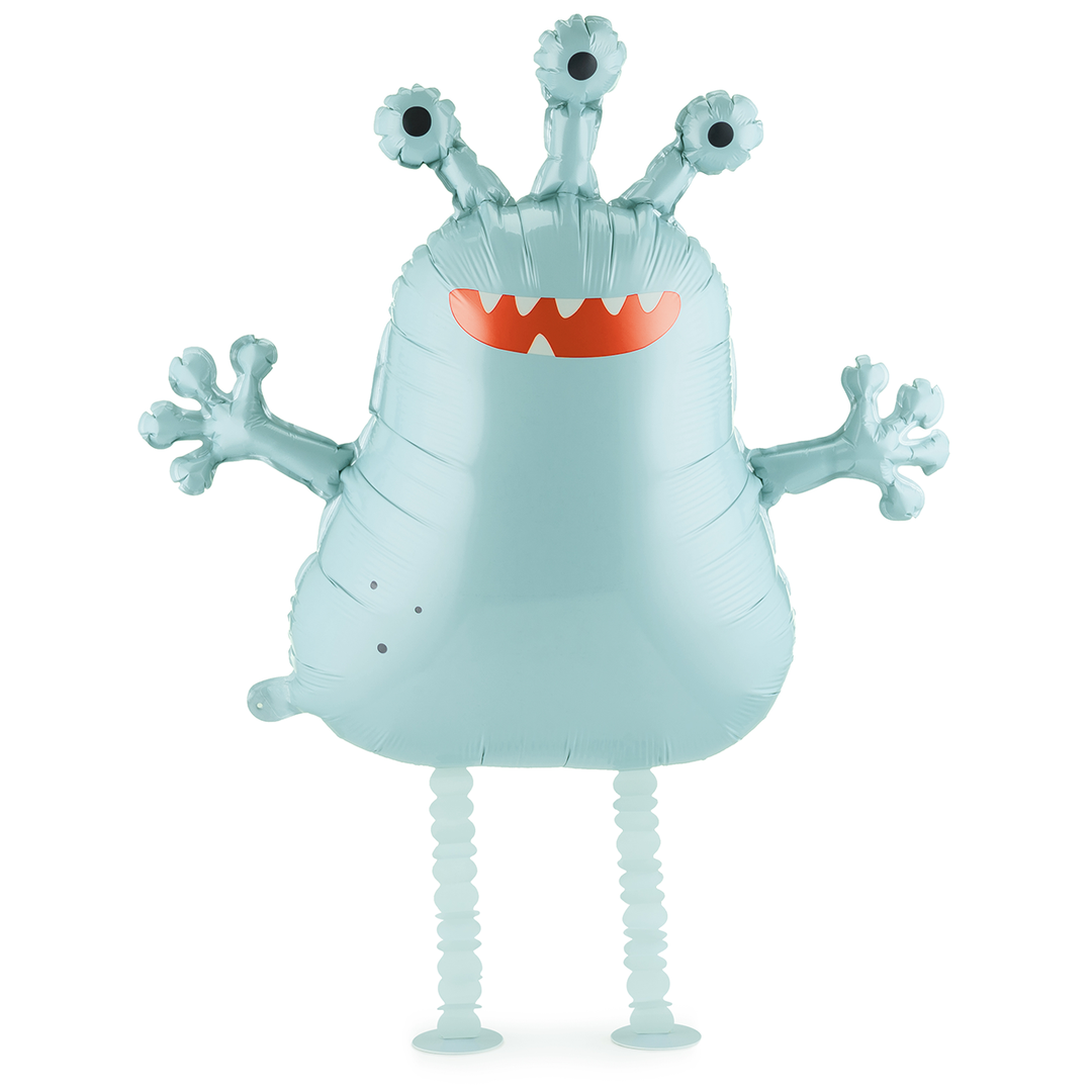 Walking Balloon hellblauer Außerirdischer mit drei Stielaugen, Grinsen und langen Beinen, 81 cm