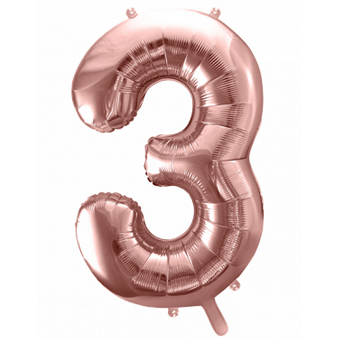 Großer Zahlenballon 3 in roseogold, 86 cm – ideal für Geburtstag, Jubiläum, Hochzeit oder Firmenfeier – mit Helium oder Luft befüllbar