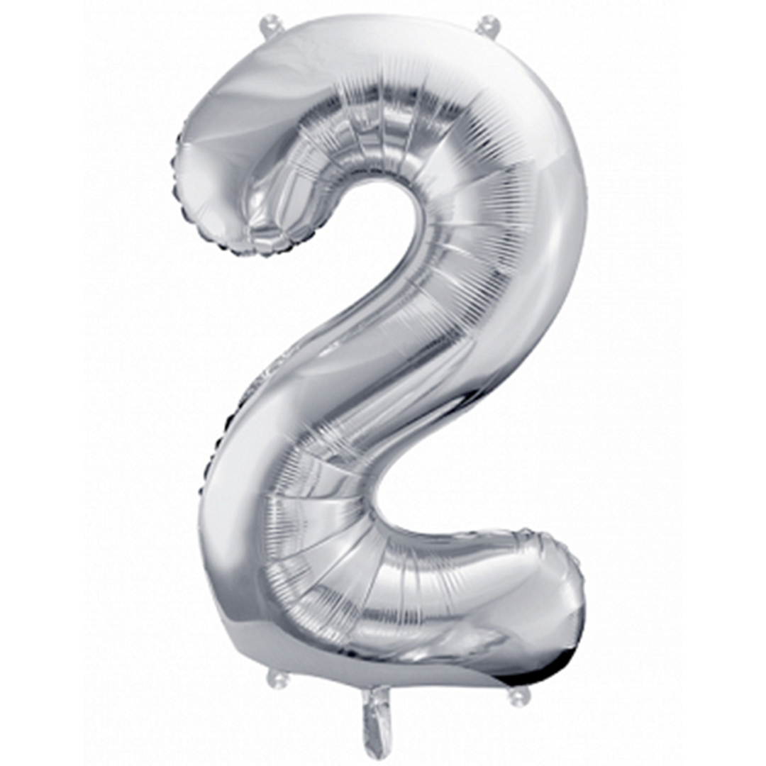 Großer Zahlenballon 2 in silber, 86 cm – ideal für Geburtstag, Jubiläum, Hochzeit oder Firmenfeier – mit Helium oder Luft befüllbar