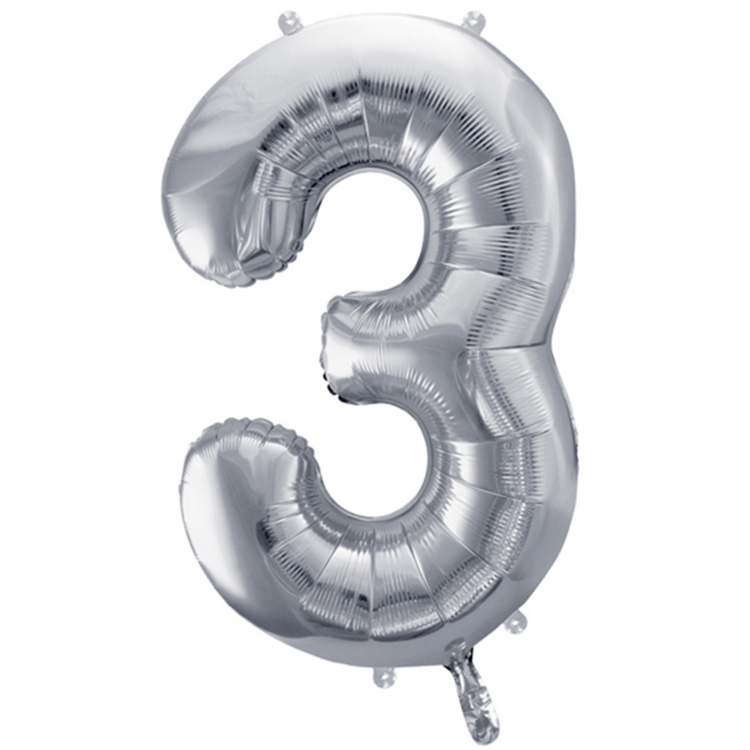 Großer Zahlenballon 3 in silber, 86 cm – ideal für Geburtstag, Jubiläum, Hochzeit oder Firmenfeier – mit Helium oder Luft befüllbar