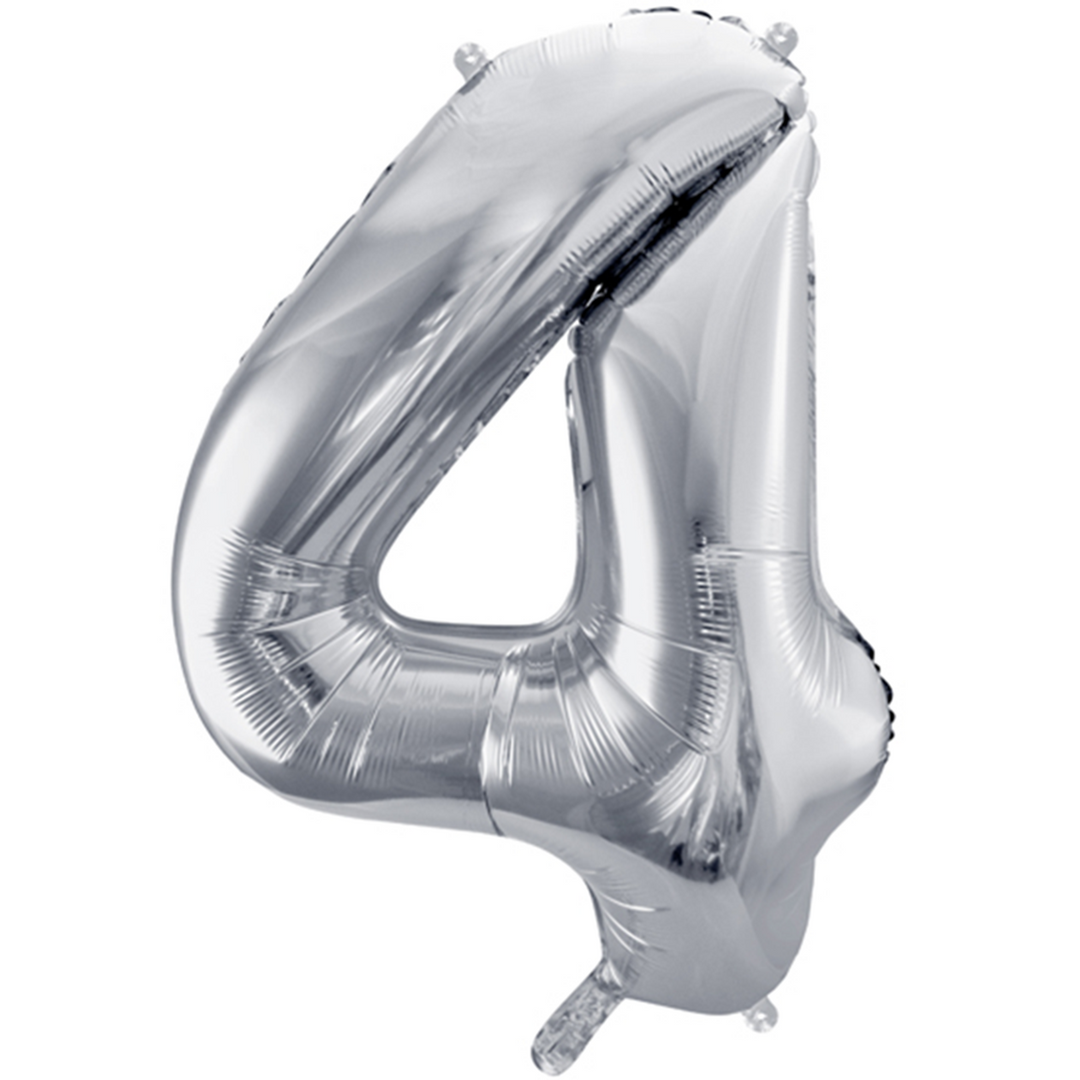 Großer Zahlenballon 4 in silber, 86 cm – ideal für Geburtstag, Jubiläum, Hochzeit oder Firmenfeier – mit Helium oder Luft befüllbar
